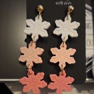 Snowflake Dangle Earrings in White and Pink